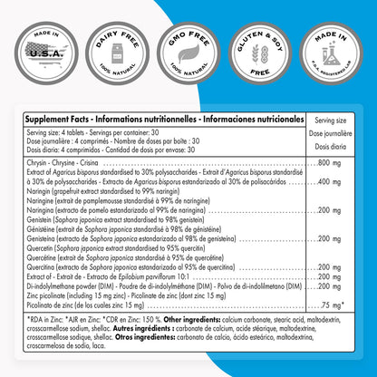 Supersmart Natural Anti Aromatase Support (Advanced Formula) - DIM, Genistein, Chrysin - Non-GMO & Gluten Free - 120 Tablets