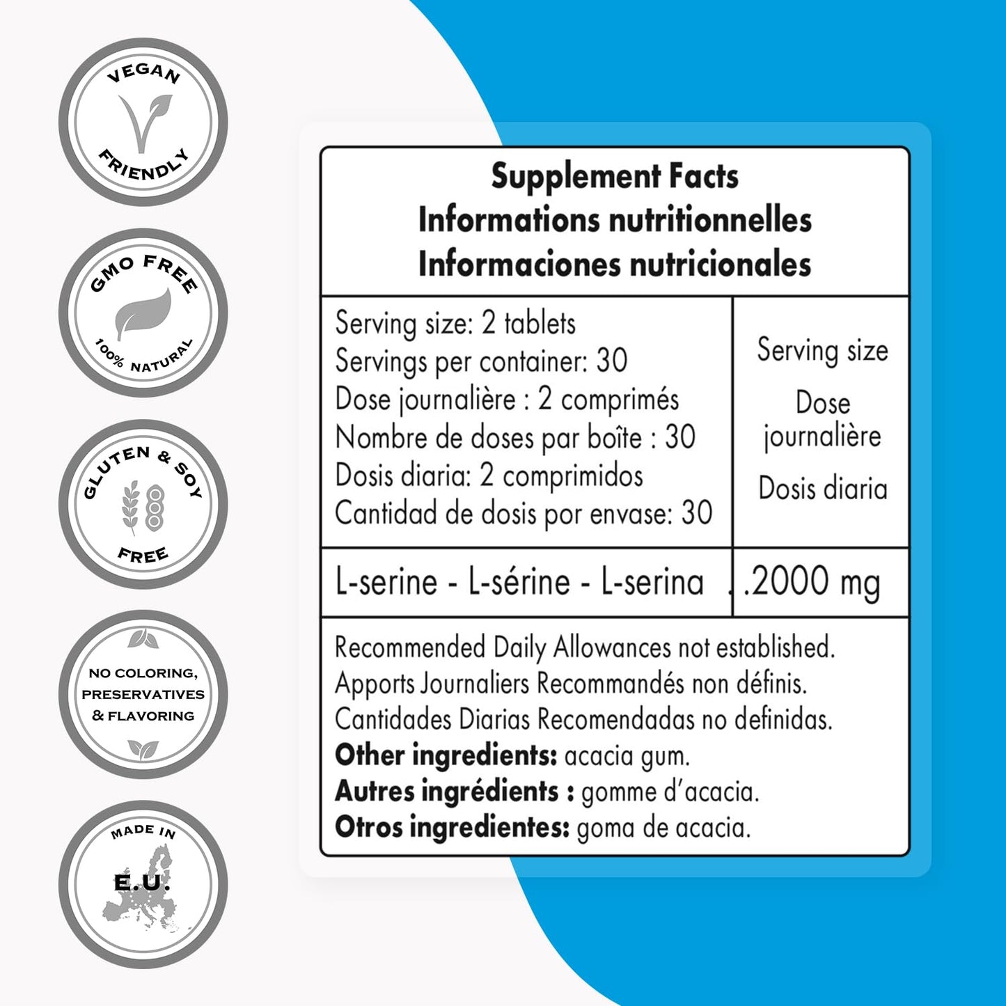 Supersmart L-Serine 2000mg Daily – 60 Tablets | Non-GMO & Gluten Free