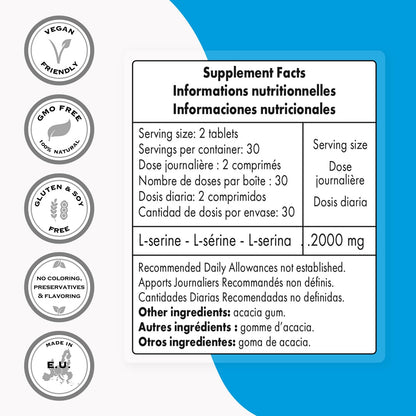 Supersmart L-Serine 2000mg Daily – 60 Tablets | Non-GMO & Gluten Free