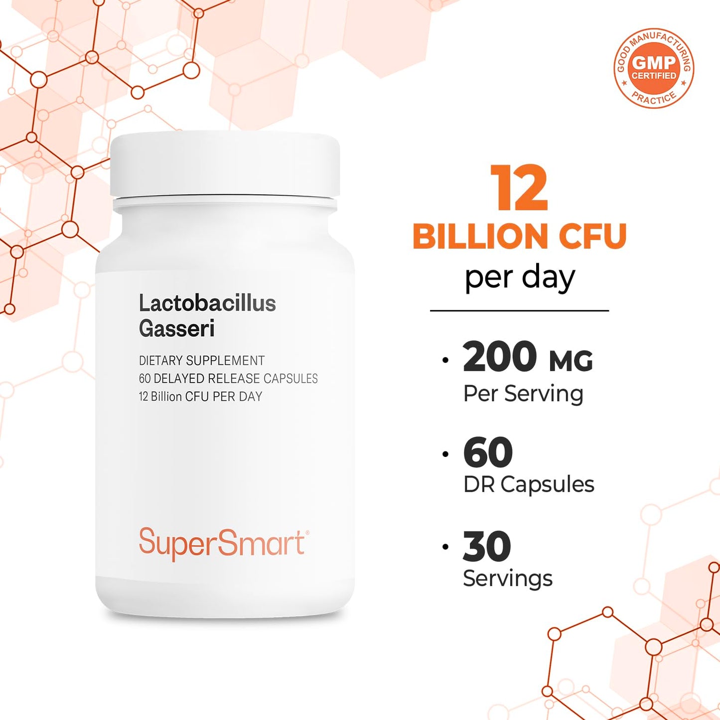 Supersmart Lactobacillus Gasseri 12B CFU Daily Probiotic – Non-GMO & Gluten Free | 60 DR Capsules
