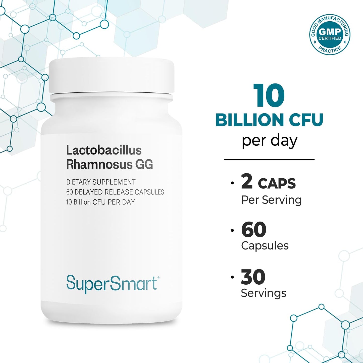 Supersmart Lactobacillus rhamnosus GG 10B CFU + Inulin - Digestive & Immune Support, 60 Capsules