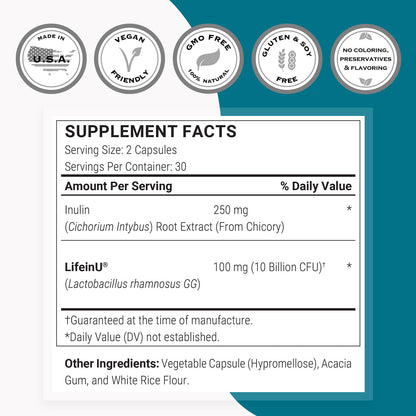 Supersmart Lactobacillus rhamnosus GG 10B CFU + Inulin - Digestive & Immune Support, 60 Capsules