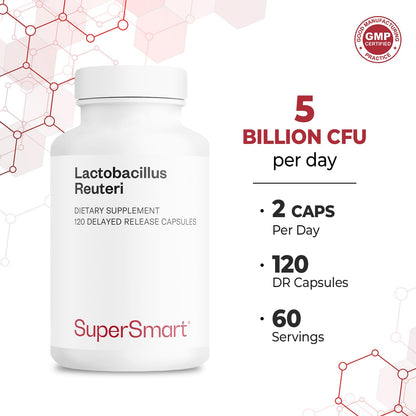 Supersmart Lactobacillus Reuteri 5 Billion CFU Daily | Probiotic Supplement | Non-GMO & Gluten Free | 120 DR Capsules