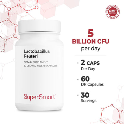 Supersmart Lactobacillus Reuteri 5 Billion CFU Daily Probiotic | Non-GMO & Gluten Free | 60 Capsules