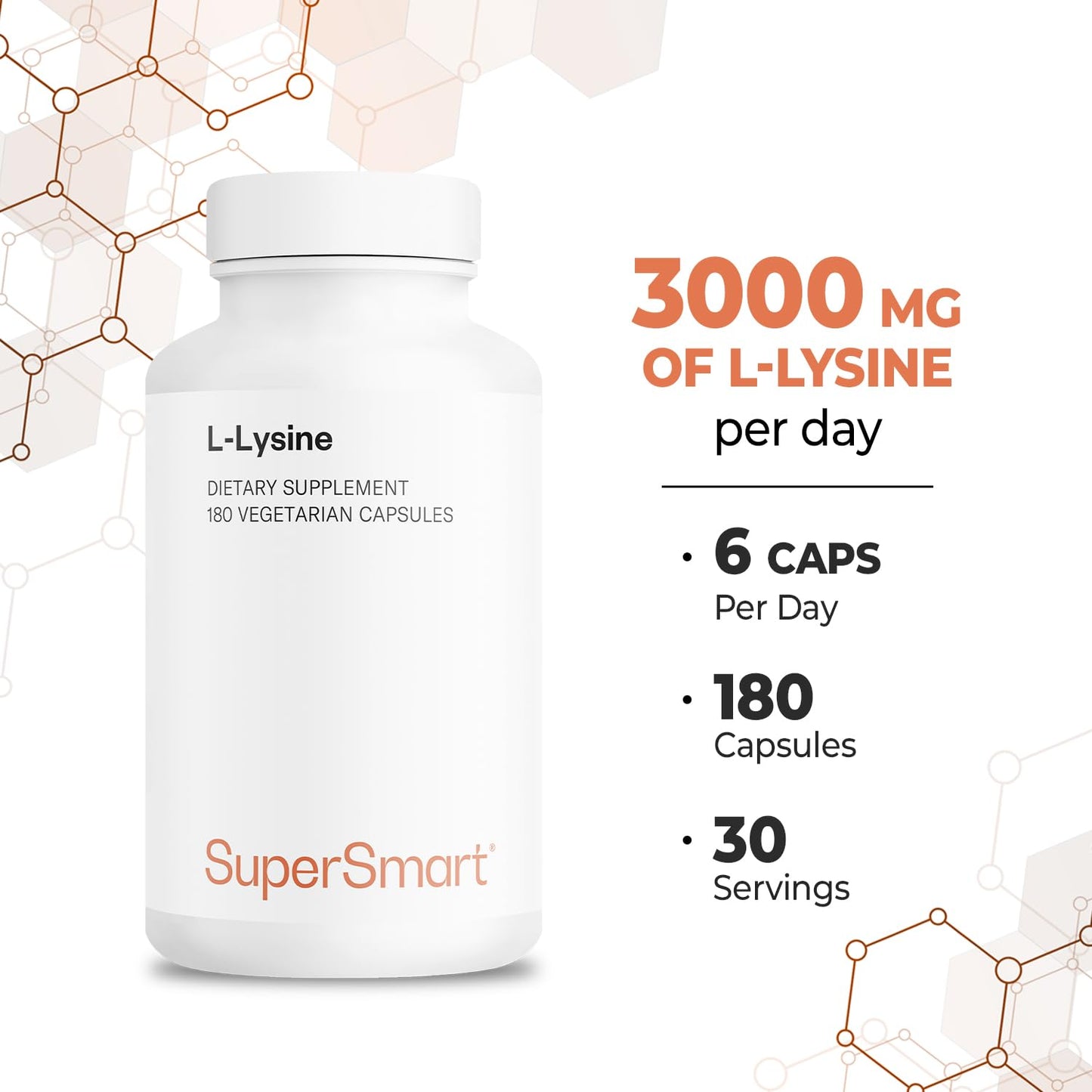 Supersmart L-Lysine 6000mg – High Strength Essential Amino Acid | Non-GMO, Gluten Free, 180 Vegetarian Capsules