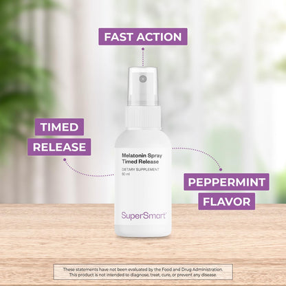 Supersmart Melatonin Spray 1mg/Day – Fast Action & Timed Release | Peppermint, Non-GMO, Gluten Free | 60 ml Pack of 2
