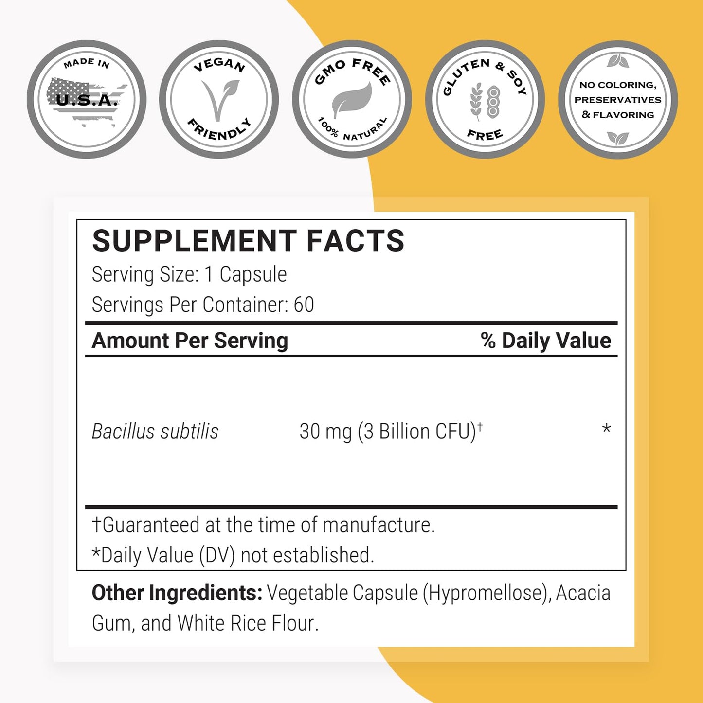 Supersmart Bacillus Subtilis Probiotic 3B CFU/Day – Non-GMO & Gluten Free | 60 Veg Capsules