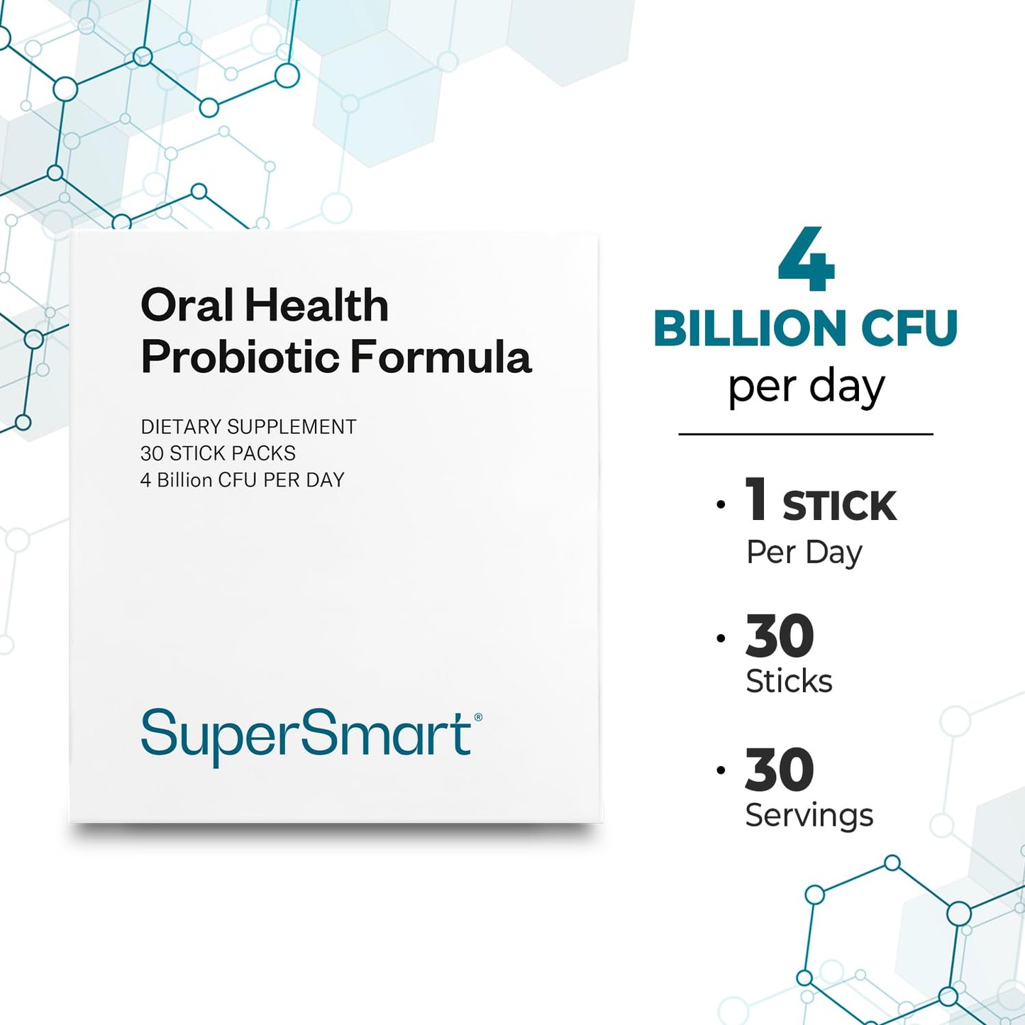 Supersmart Oral Health Probiotics 4B CFU | Halitosis & Bad Breath | Non-GMO & Gluten Free - 30 Sticks