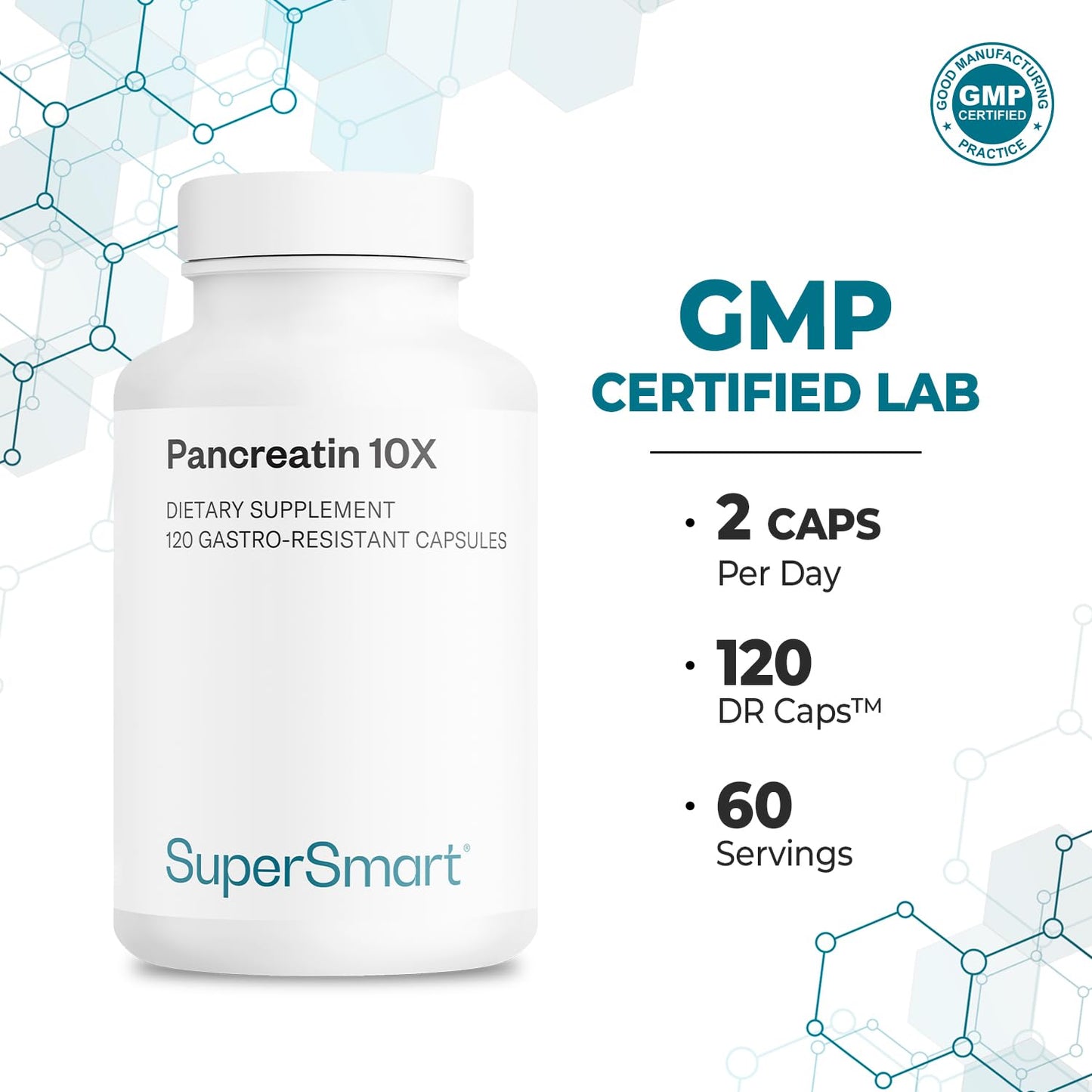Supersmart - Pancreatin 10X 4000 per Day (Extra Strength) - Digestive Enzymes Supplement - with Protease, Lipase, Amylase, Trypsin - Healthy Digestion Support | Non-GMO & Gluten Free - 120 DR Capsules