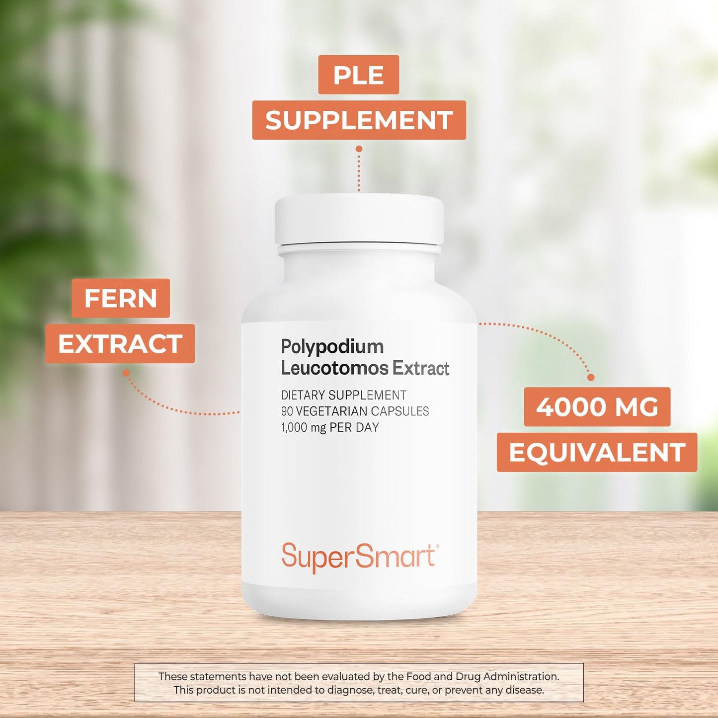 Supersmart Polypodium Leucotomos 1000 mg Daily – Skin Protection & Antioxidant (PLE) – 90 Veg Capsules