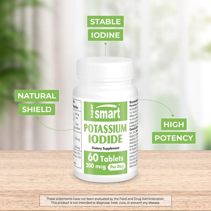SuperSmart Potassium Iodide KI 200mcg Daily (Stable Iodine) - High Potency Shield | Non-GMO & Gluten Free | 60 Tablets