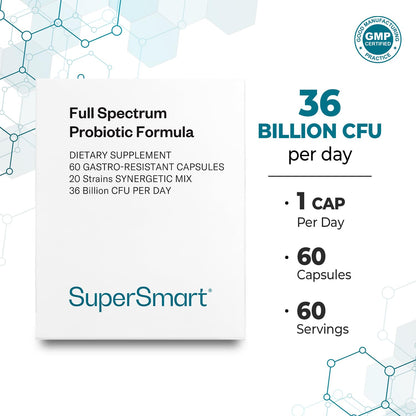 Supersmart Full Spectrum Probiotic Formula 36 Billion CFU per Day (20-in-1) – Non-GMO, Gluten Free, 60 Vegetarian Capsules