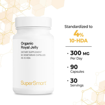Supersmart Organic Royal Jelly 300mg | High Strength 4% 10-HDA | 90 Veg Capsules