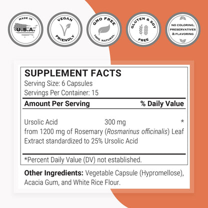 Supersmart Ursolic Acid 300mg Daily – Rosemary Leaf Extract, Non-GMO, Gluten Free | 90 Veg Capsules