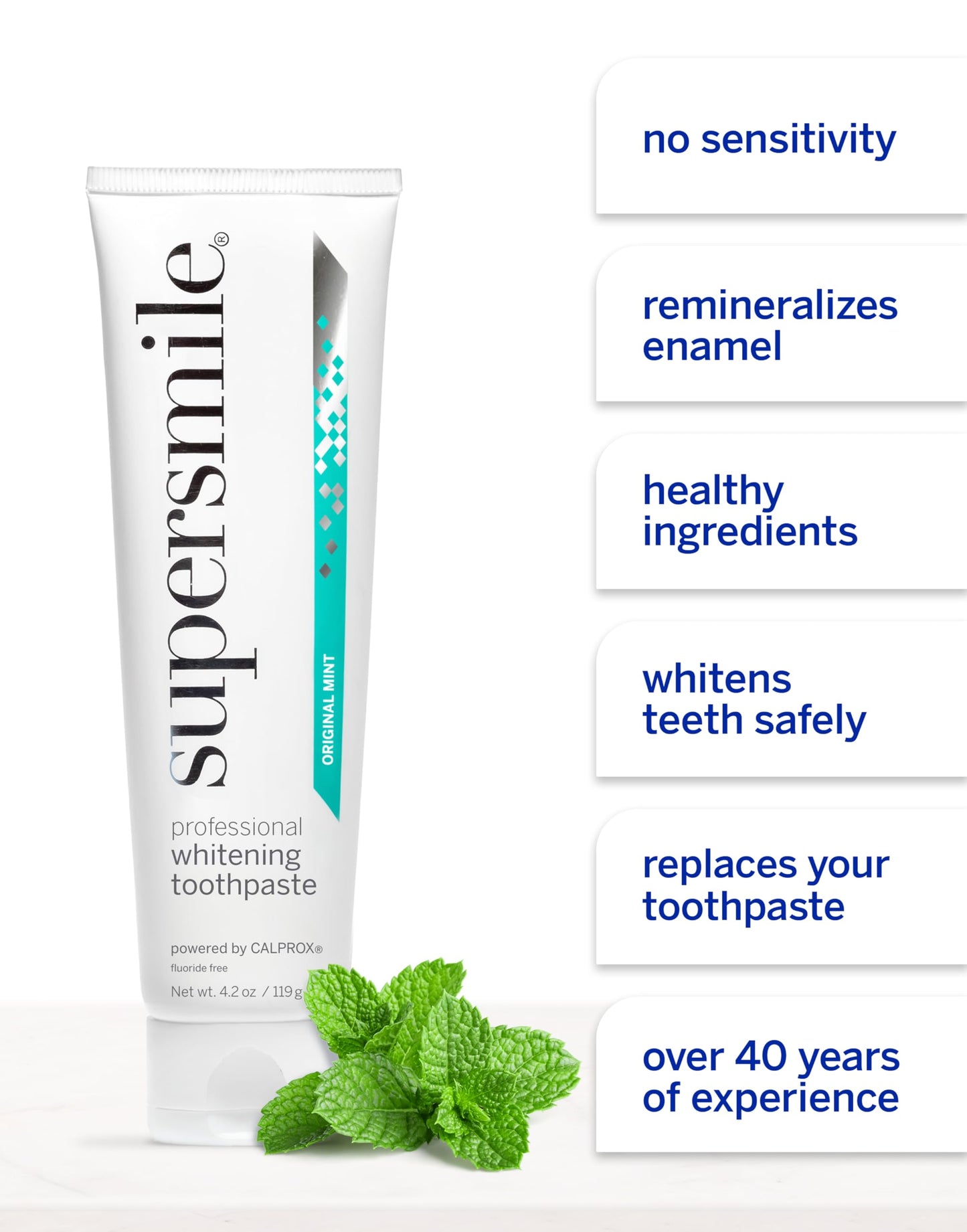 Supersmile Original Mint Fluoride-Free Whitening Toothpaste - Whitens Up to 6 Shades, 4.2 oz