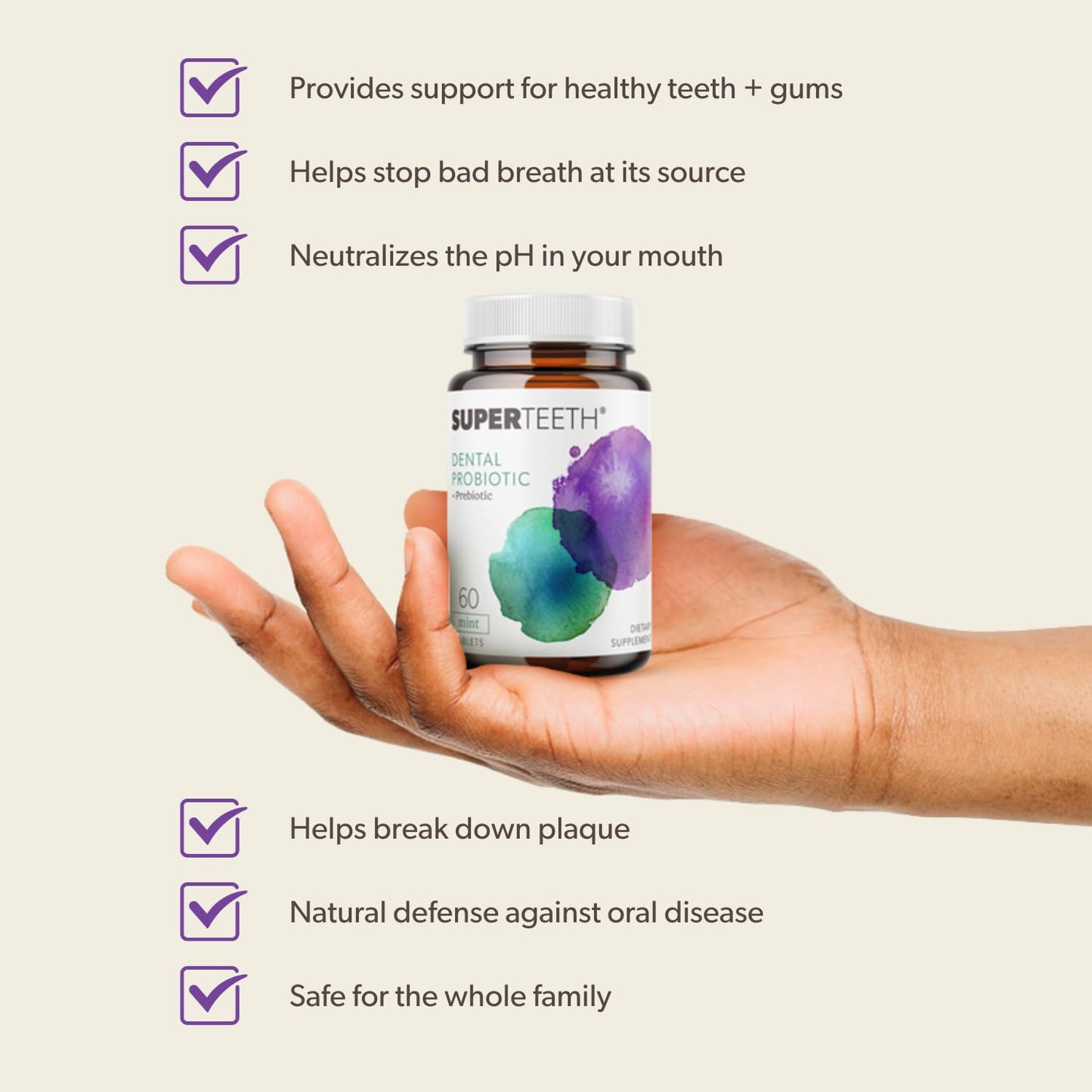 SuperTeeth Chewable Dental Probiotic for Adults & Kids | BLIS M18 | 60 Mint Flavored Tablets | Fluoride & Sugar Free | Vegan