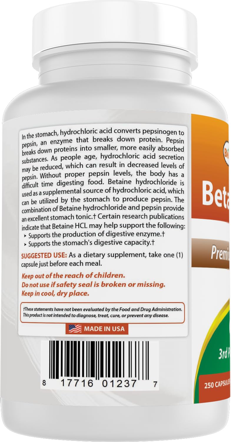 Best Naturals Betaine HCL 648 mg - 250 Capsules (Pack of 2)