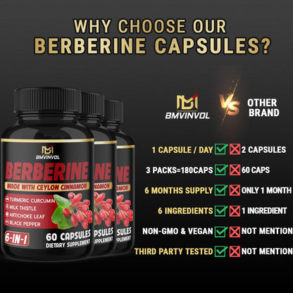 (3 Packs) Berberine Supplement Plus Ceylon Cinnamon, Milk Thistle, Turmeric, Artichoke Leaf, Black Pepper - 6 Month Supply