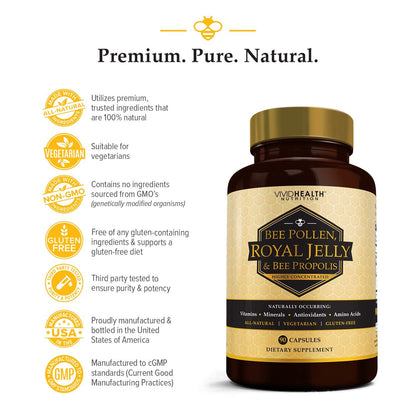 Vivid Health Nutrition Royal Jelly & Bee Pollen Capsules - High Potency, 90 Count