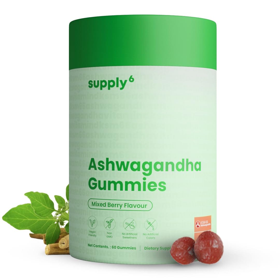 SUPPLY6 KSM-66 Ashwagandha + Vitamin D Gummies - 60 Count, Mixed Berry | Vegan