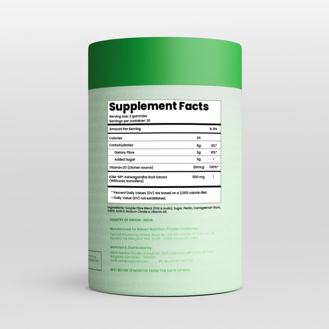 SUPPLY6 KSM-66 Ashwagandha + Vitamin D Gummies - 60 Count, Mixed Berry | Vegan