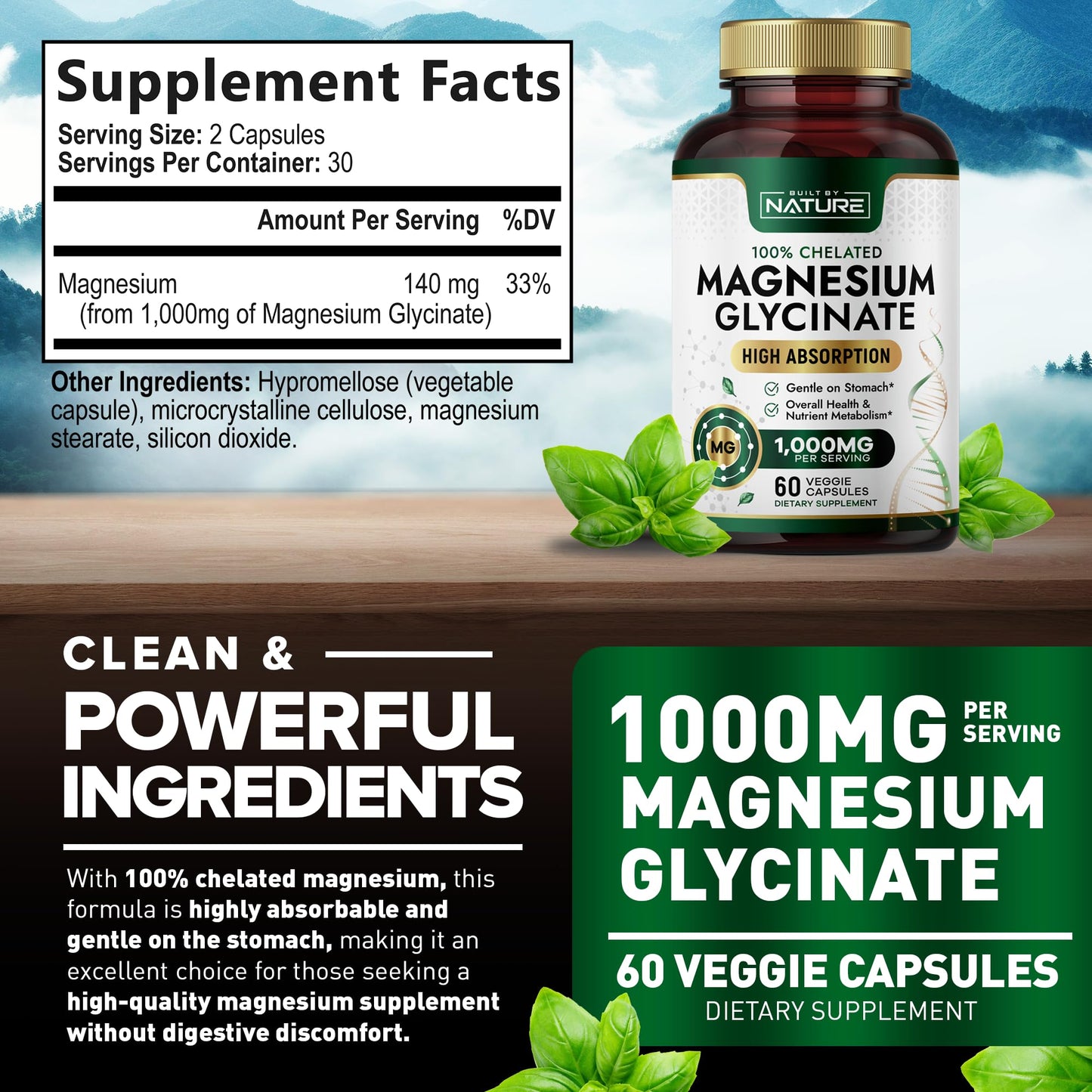 Built By Nature Magnesium Glycinate 1000mg – High Absorption, 100% Chelated, Gentle on Stomach | 60 Capsules