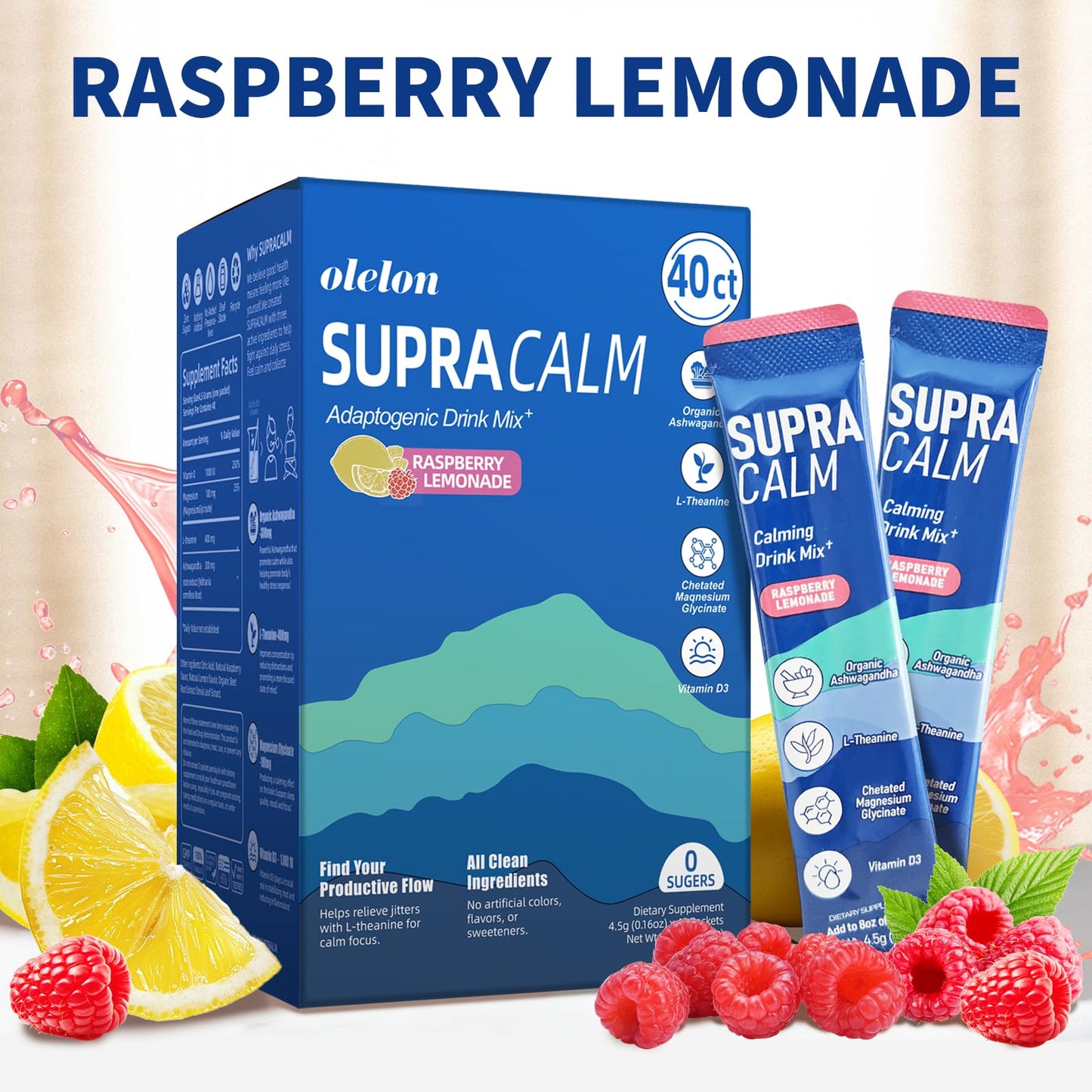 40 Count SupraCalm Cortisol Drink – Magnesium Glycinate, L-Theanine & Ashwagandha | Raspberry Lemonade