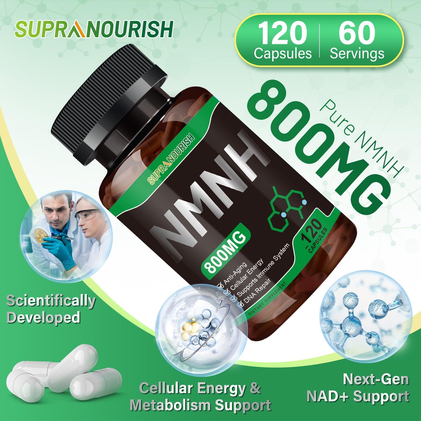 SUPRANOURISH Pure NMNH Supplement 120 Capsules | 800mg NAD+ Boost for Anti-Aging & Cellular Energy