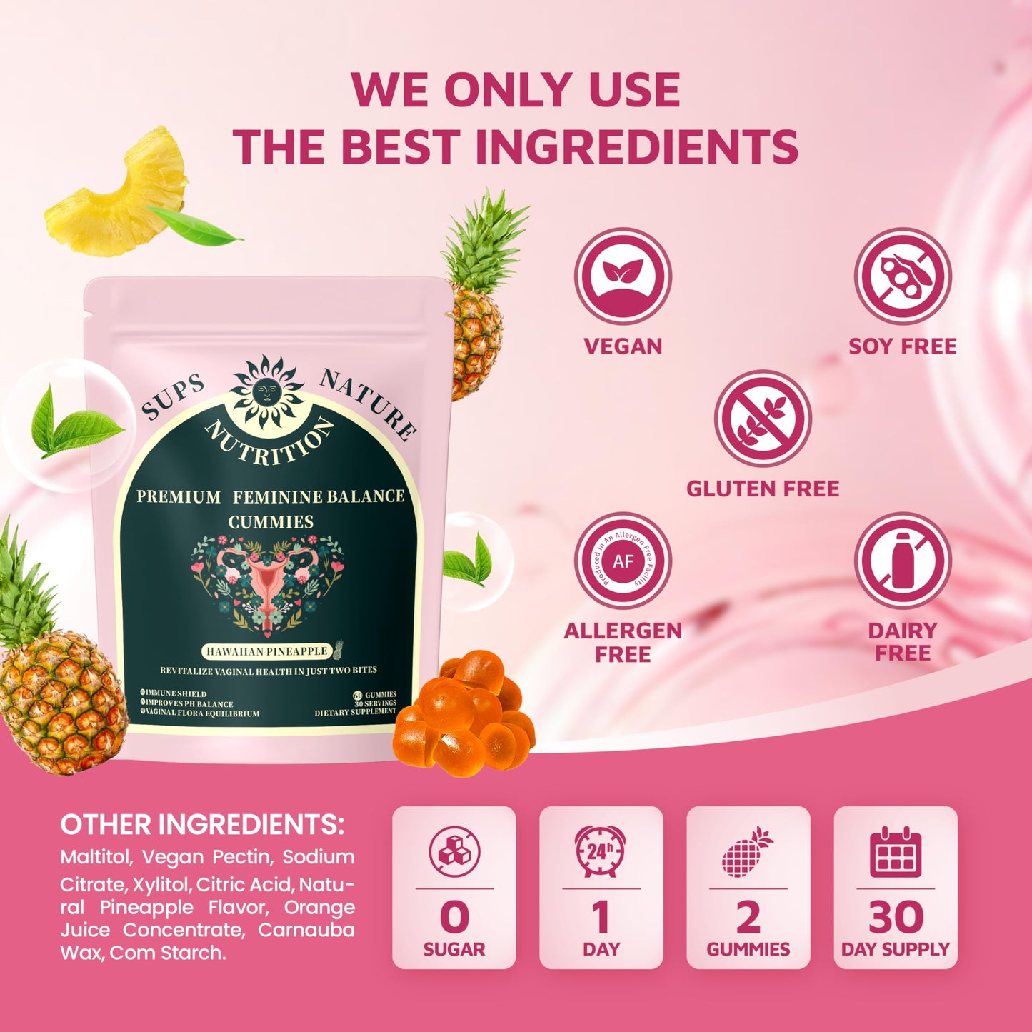 SUPS NATURE Women's Probiotic Gummies – Premium Feminine Balance, pH Support, Pineapple Flavor, Vegan & Sugar-Free (60 Gummies)