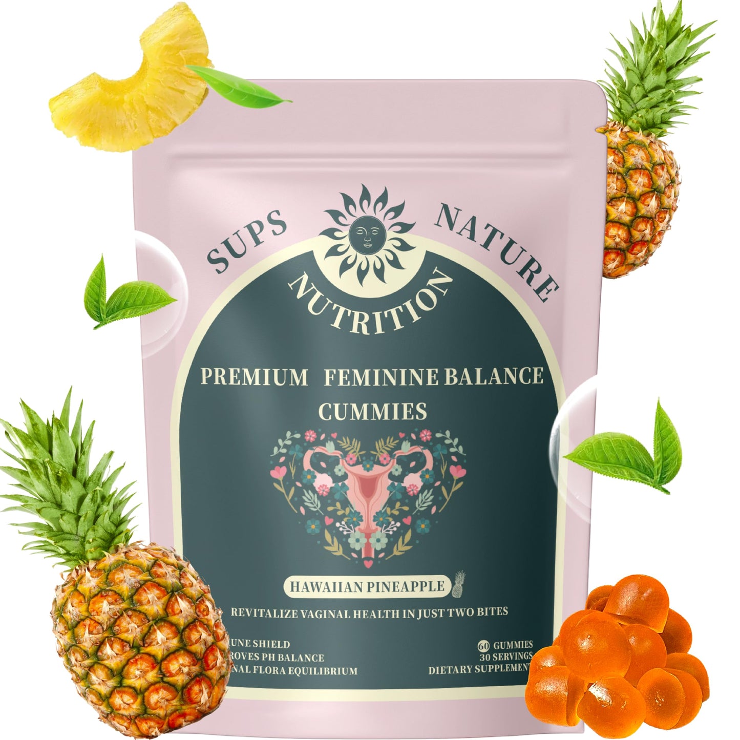 SUPS NATURE Women's Probiotic Gummies – Premium Feminine Balance, pH Support, Pineapple Flavor, Vegan & Sugar-Free (60 Gummies)