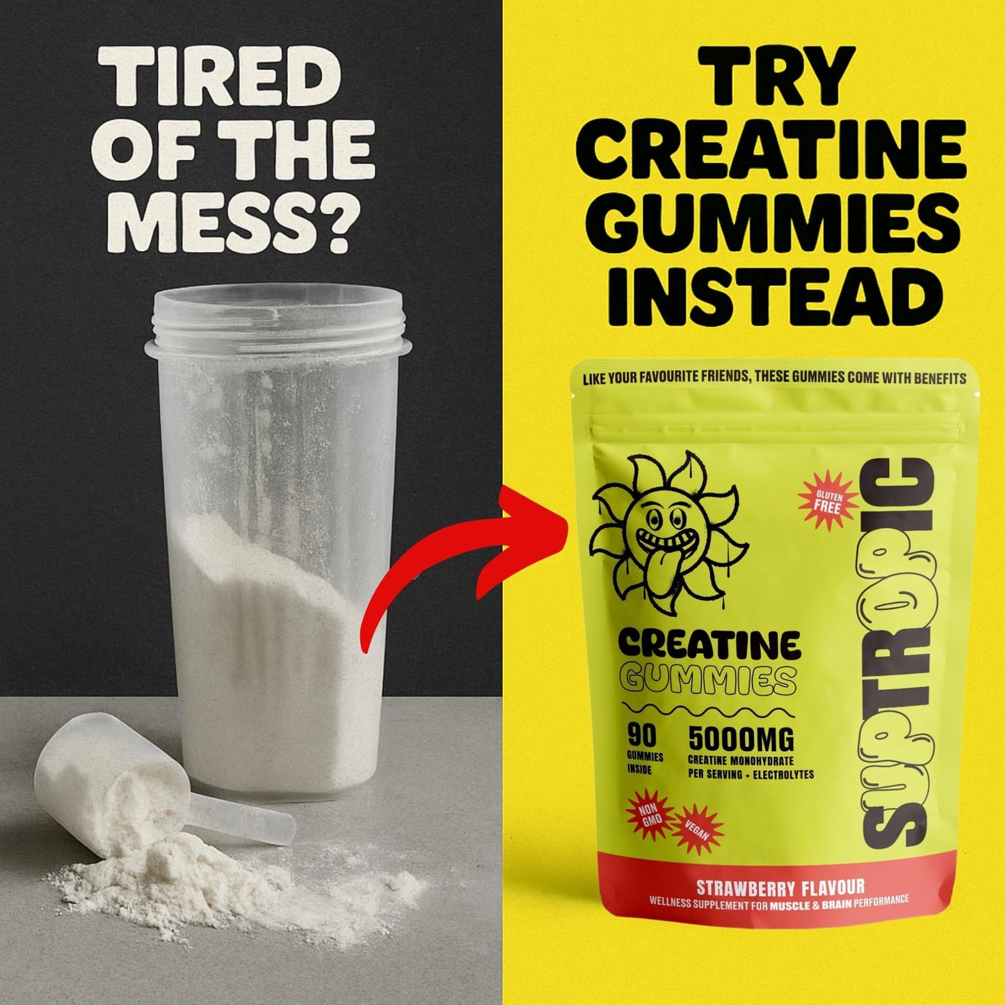 SUPTROPIC Creatine Gummies – 5g Monohydrate, Vegan, Sugar-Free, 30 Servings