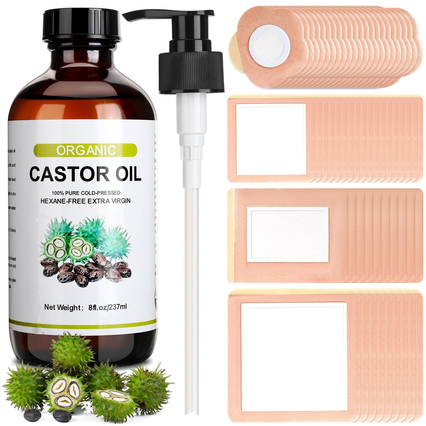 Suquuee Castor Oil Pack – 60 Patches + 8oz Organic Oil