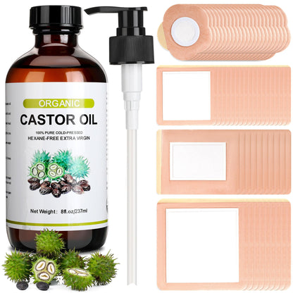 Suquuee Castor Oil Pack – 60 Patches + 8oz Organic Oil