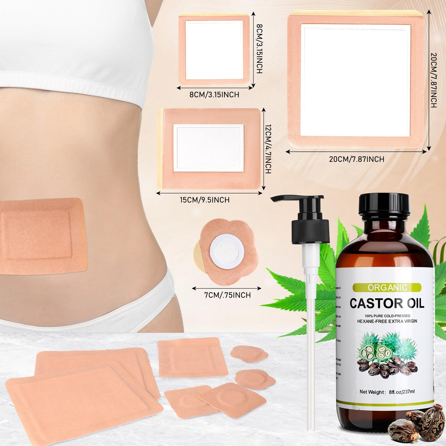 Suquuee Castor Oil Pack – 60 Patches + 8oz Organic Oil