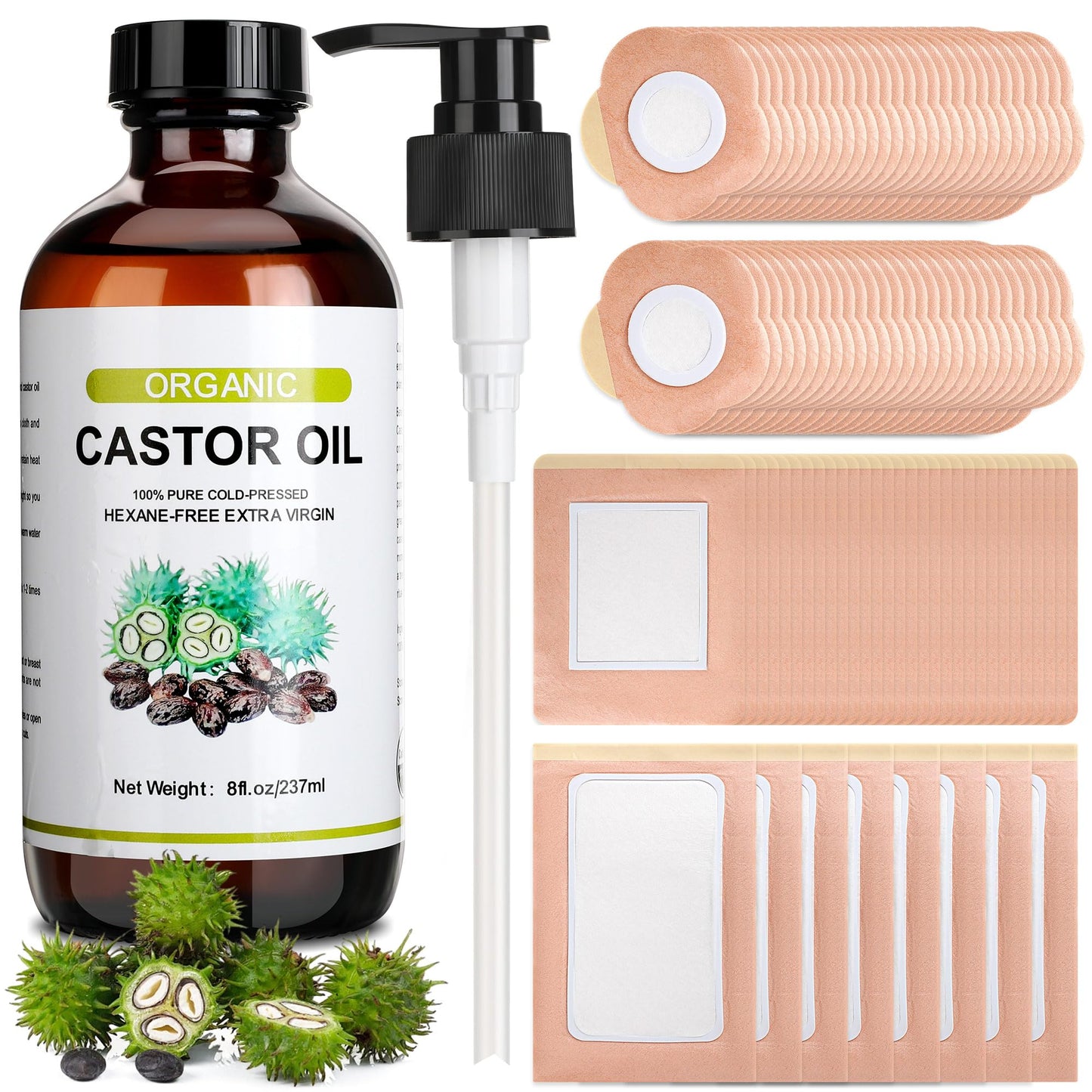 Suquuee Castor Oil Pack Set – 98 Patches + 8oz Organic Cold-Pressed Oil for Belly Button, Abdomen & Full Body