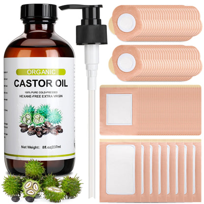 Suquuee Castor Oil Pack Set – 98 Patches + 8oz Organic Cold-Pressed Oil for Belly Button, Abdomen & Full Body