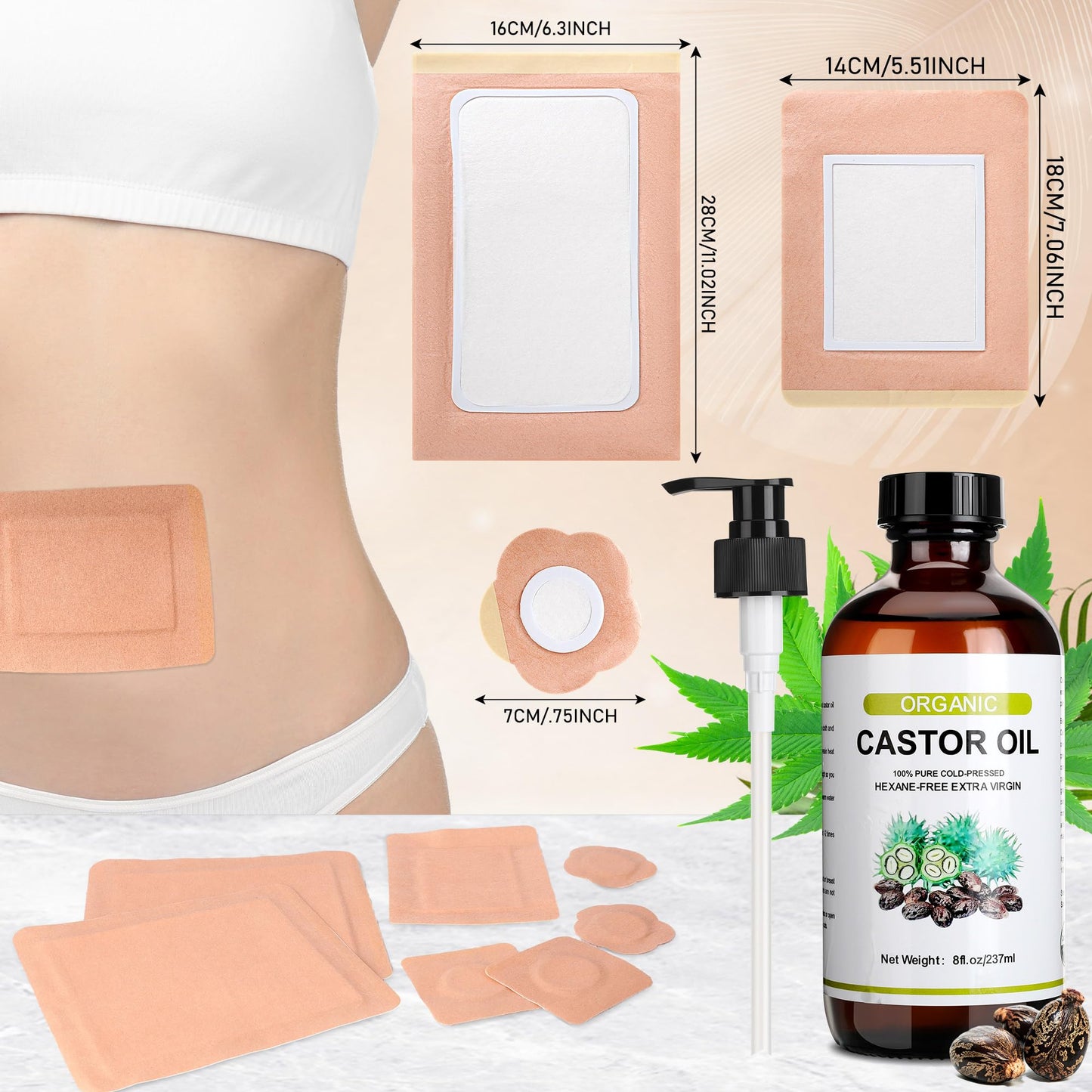 Suquuee Castor Oil Pack Set – 98 Patches + 8oz Organic Cold-Pressed Oil for Belly Button, Abdomen & Full Body