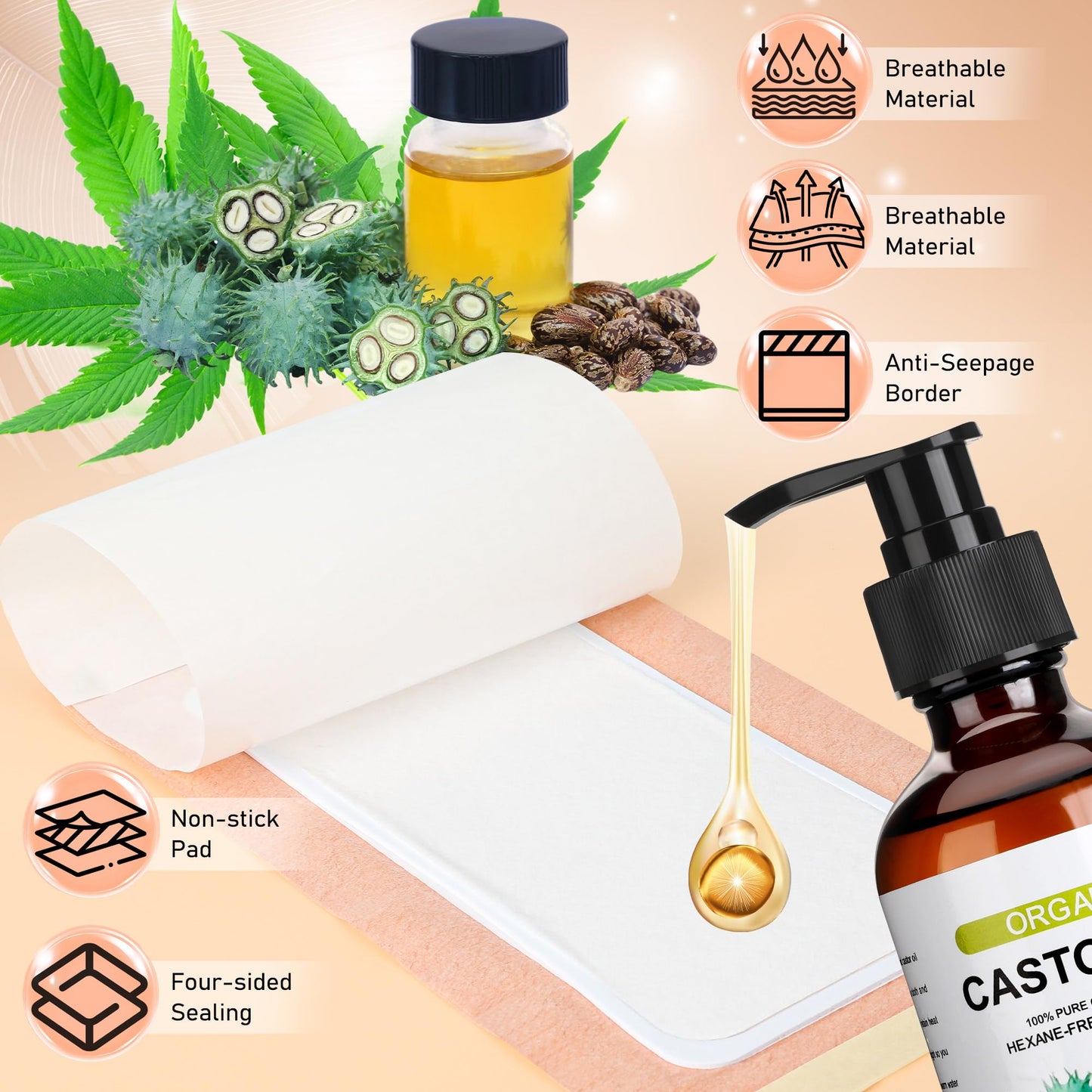 Suquuee Castor Oil Pack Set – 98 Patches + 8oz Organic Cold-Pressed Oil for Belly Button, Abdomen & Full Body
