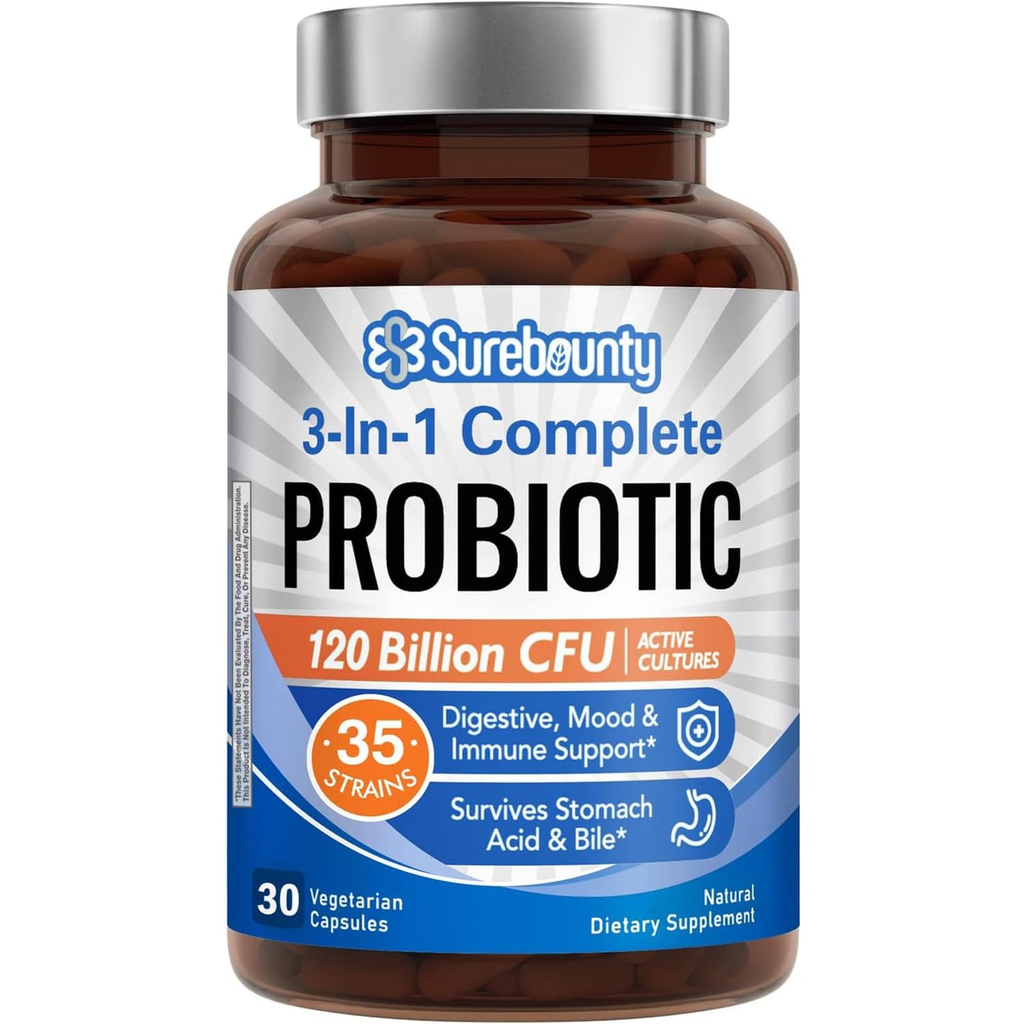 Surebounty Probiotics 120B CFU – 3-in-1 Digestive Support (30 Caps)