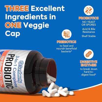 Surebounty Probiotics 120B CFU – 3-in-1 Digestive Support (30 Caps)