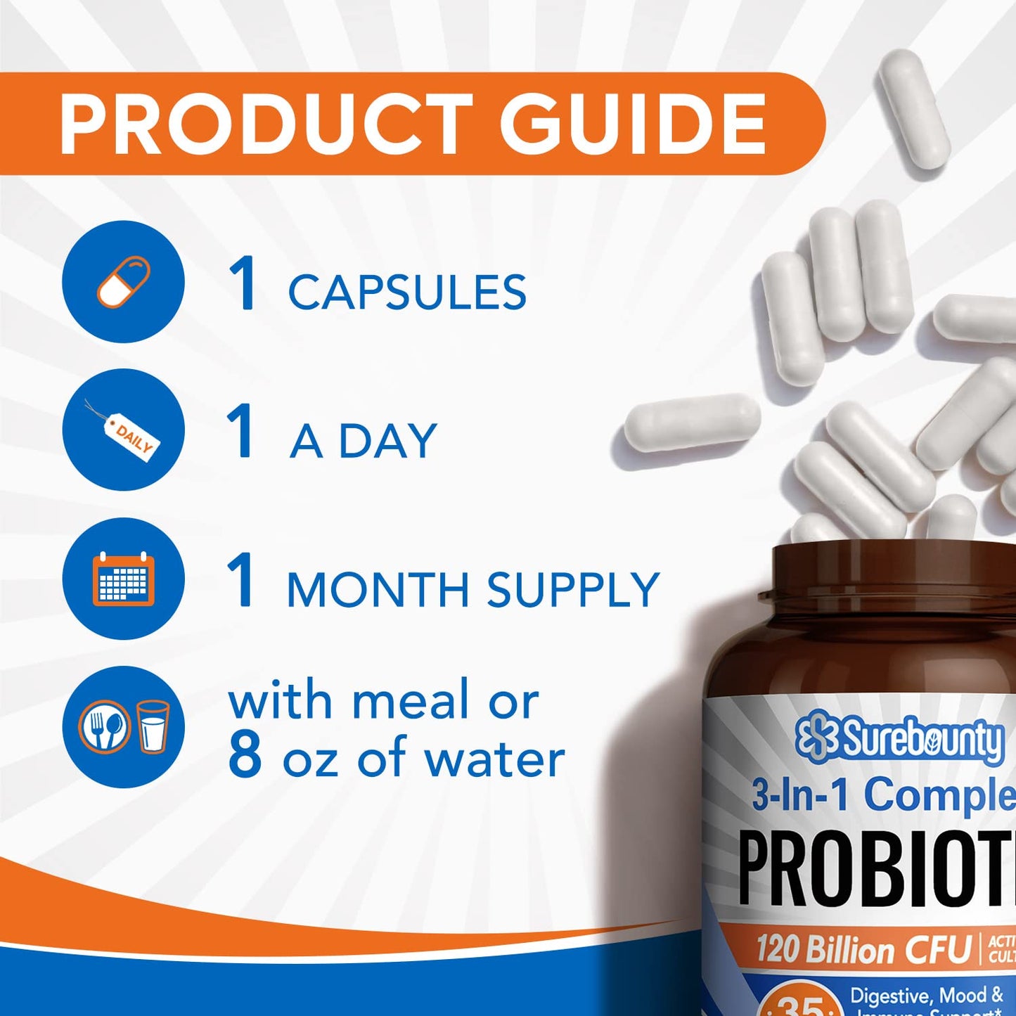 Surebounty Probiotics 120B CFU – 3-in-1 Digestive Support (30 Caps)