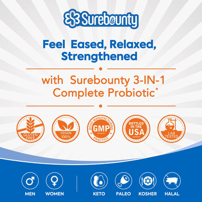 Surebounty Probiotics 120B CFU – 3-in-1 Digestive Support (30 Caps)