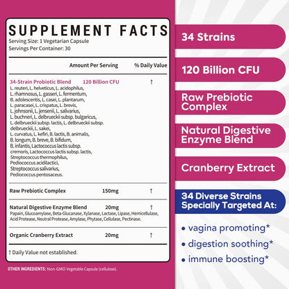 Surebounty Probiotics for Women – 120B CFU, 34 Strains, 4-in-1 (30ct)