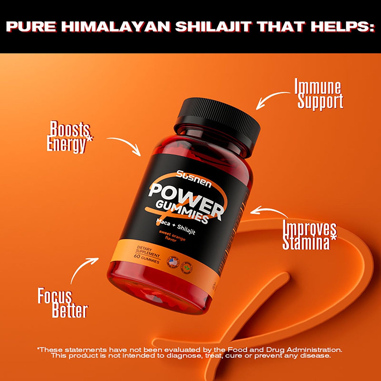 Susnen Power Gummies with Shilajit and Maca – Pure Himalayan Organic, 60 Gummies