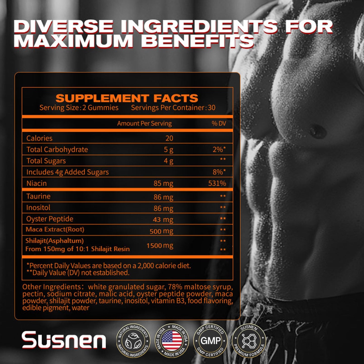 Susnen Power Gummies with Shilajit and Maca – Pure Himalayan Organic, 60 Gummies