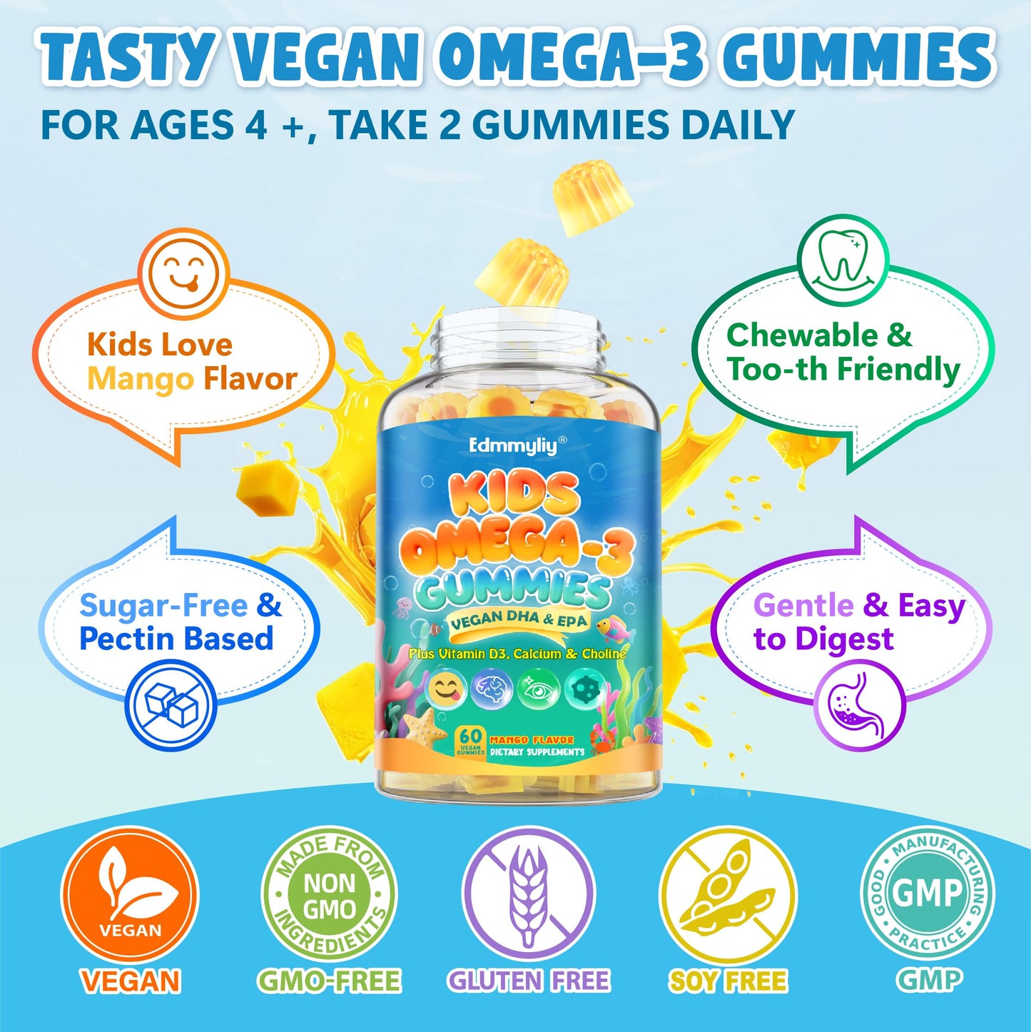 Kids Omega-3 Gummies - Algae DHA/EPA, D3, B12, Calcium, Zinc | Sugar-Free