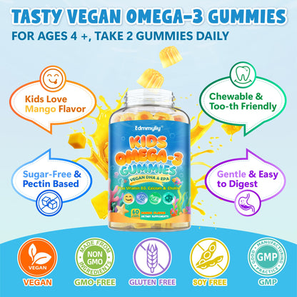 Kids Omega-3 Gummies - Algae DHA/EPA, D3, B12, Calcium, Zinc | Sugar-Free