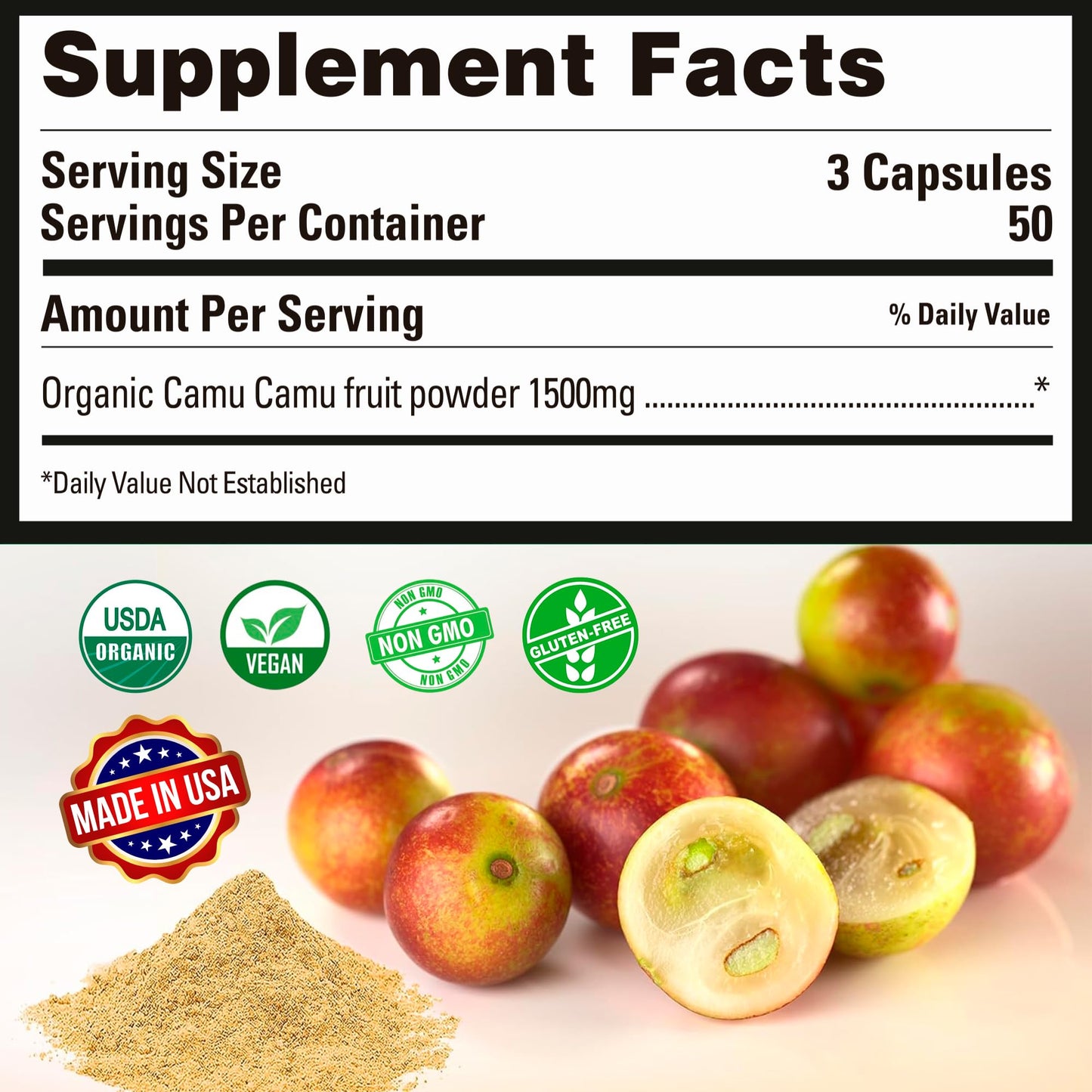 Peruvian Naturals Organic Vitamin C from Camu Camu Capsules 1,500mg - 300 Vegan Pills, Natural Vitamin C from Whole Food Camu Berry Organic, Non-GMO