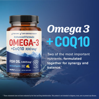 Omega 3 Fish Oil + CoQ10 – 1305mg Omega-3, 100mg CoQ10 | Heart Health | Non-GMO | 60 ct