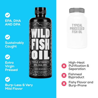 Wild Foods Liquid Omega-3 Fish Oil – Lemon, 16 oz | Burpless, Odorless, DPA + EPA + DHA Triple Strength